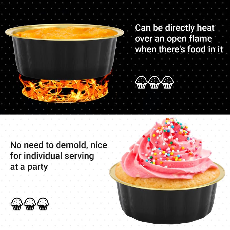 Beasea Disposable Baking Ramekins, 8 oz 100 Pack 3.9" 235ml Aluminum Foil Cups Bake Utility Ramekin Cup Souffle Cup Muffin Cupcake Baking Cup Mini Pudding Cups for Party Wedding Birthday - Black Gold - Image 4